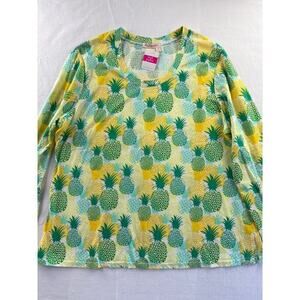 Women’s Fresh Produce Green & Yellow Pineapple Print Long Sleeve Shirt Sz 2X